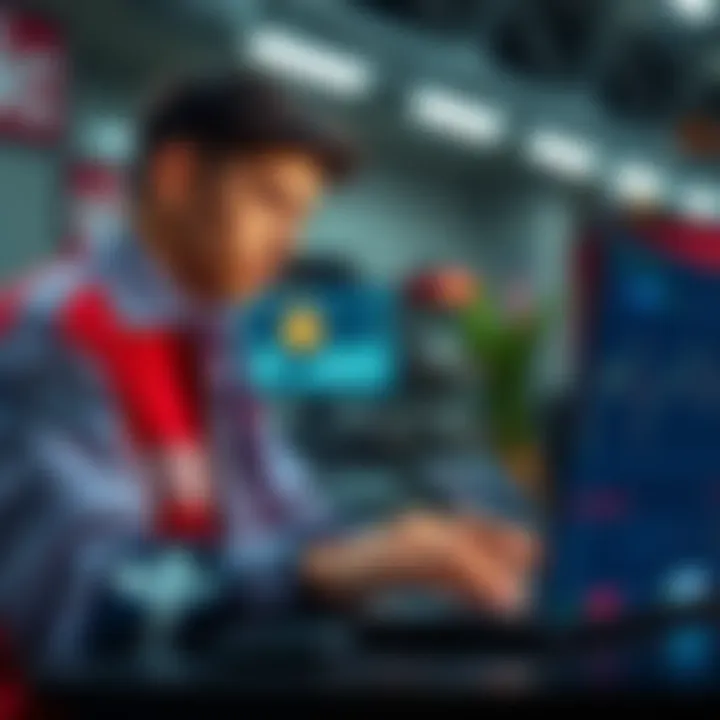 A 20-year-old paramedic looking at a laptop with Bitcoin graphics on the screen, showing determination and focus on his financial goals.