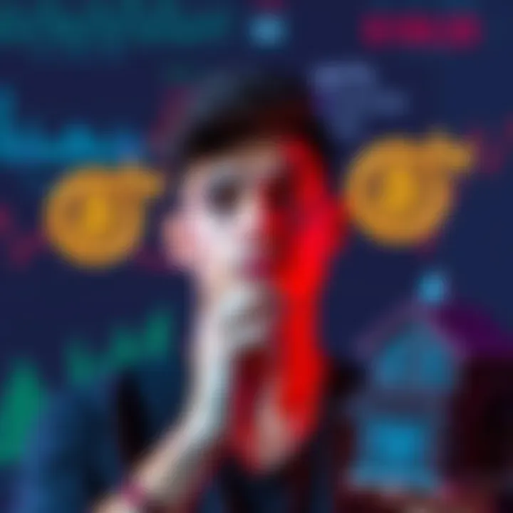 A 24-year-old contemplating between Bitcoin investment and buying a first home in Brisbane, surrounded by financial graphs and house models.