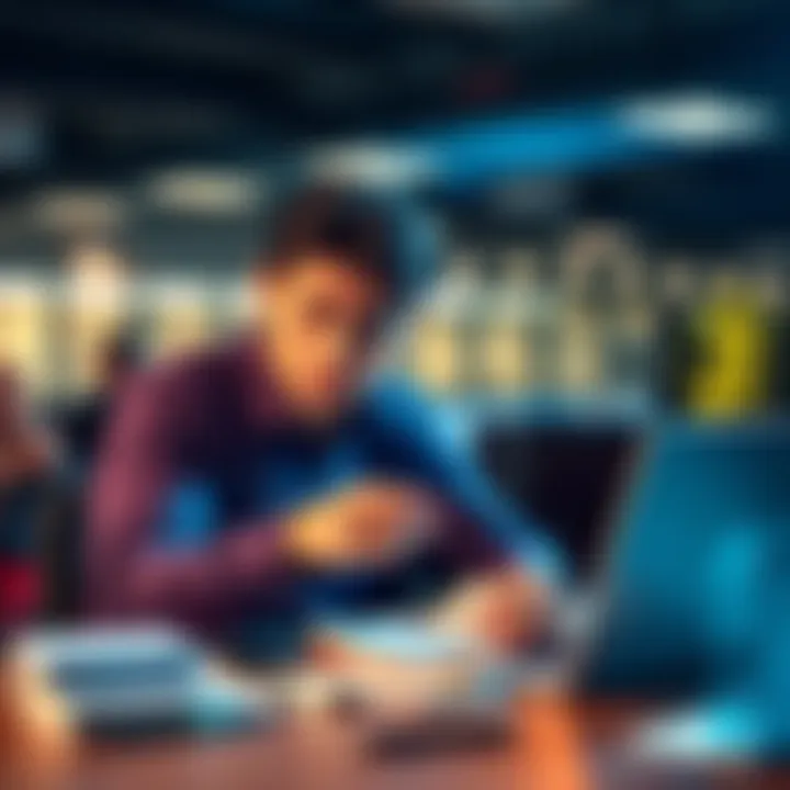 A young adult balancing several jobs at a desk, looking stressed while managing bills and a laptop, with a Bitcoin logo on the screen.