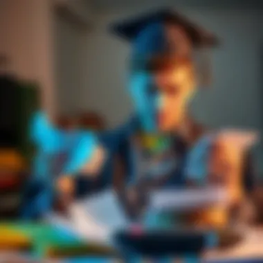 Young graduate looking stressed about finances A worried young graduate holding bills and a calculator, surrounded by financial documents
