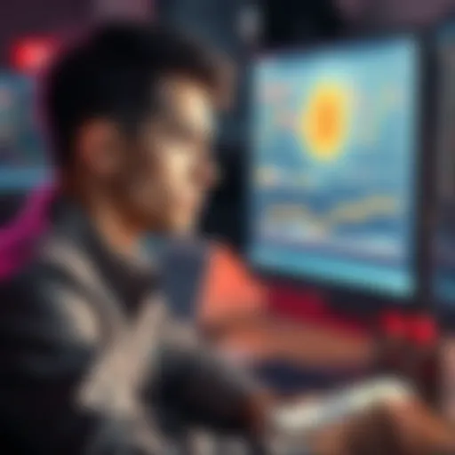 A 23-year-old man looking thoughtfully at a computer screen displaying Bitcoin charts, with a stack of cash beside him.