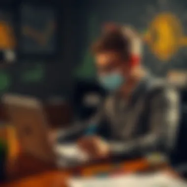 A young man sitting at a desk with a laptop, looking at Bitcoin charts and notes while writing down investment strategies.