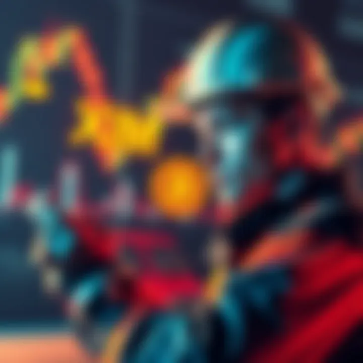 A young construction worker looking at cryptocurrency charts with XRP and XLM symbols in the background.