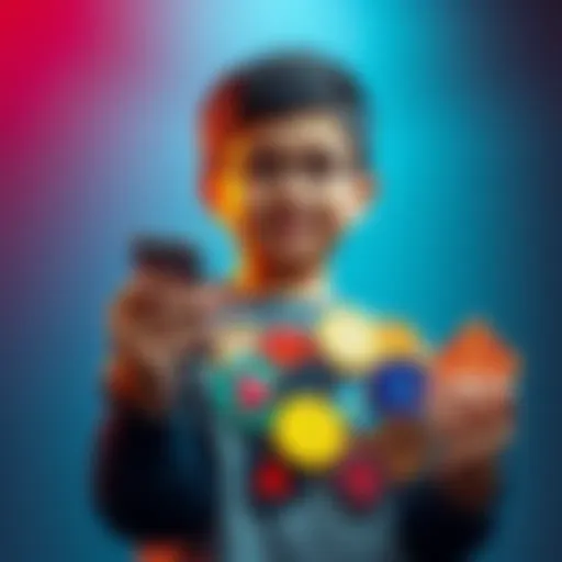 A young investor proudly displays their collection of colorful internet tokens, showcasing their unique digital assets.