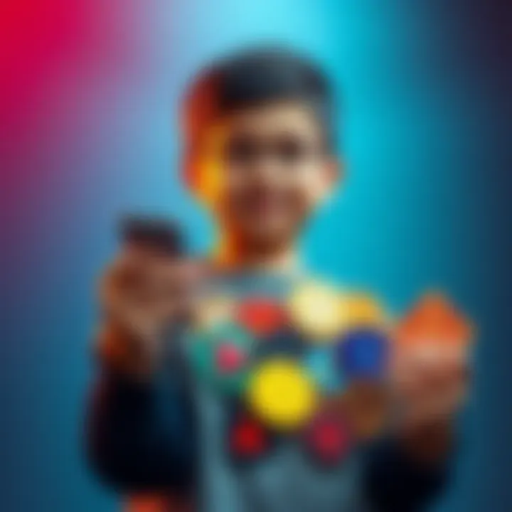 A young investor proudly displays their collection of colorful internet tokens, showcasing their unique digital assets.