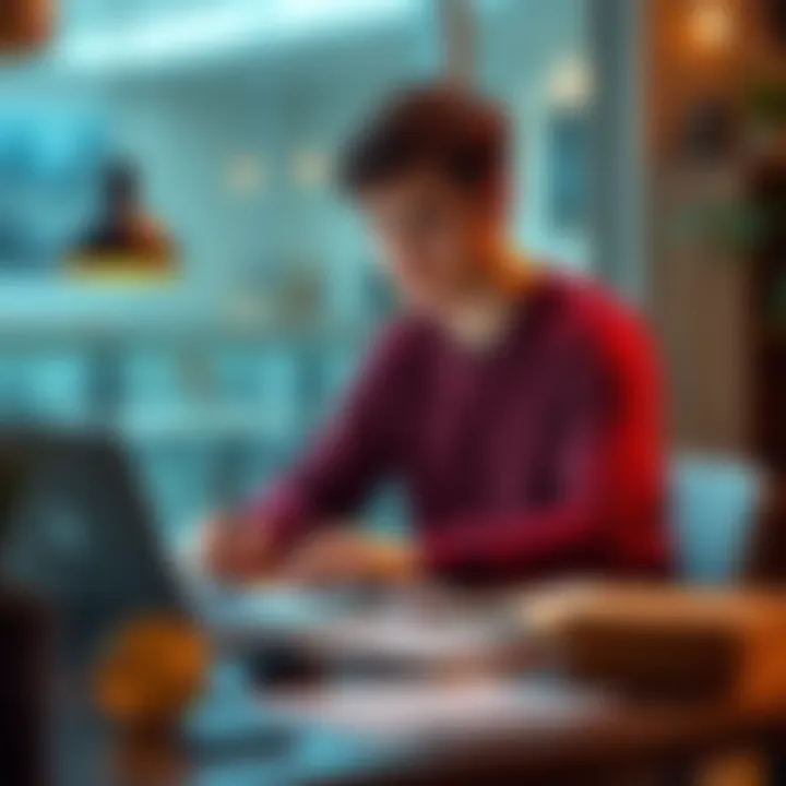 A young person sitting at a table with a laptop, analyzing Bitcoin investments while looking at savings goals for family plans.