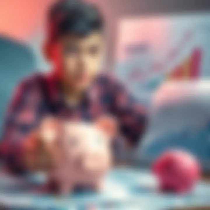 A determined teenager surrounded by investment charts and a piggy bank, symbolizing financial growth and goals