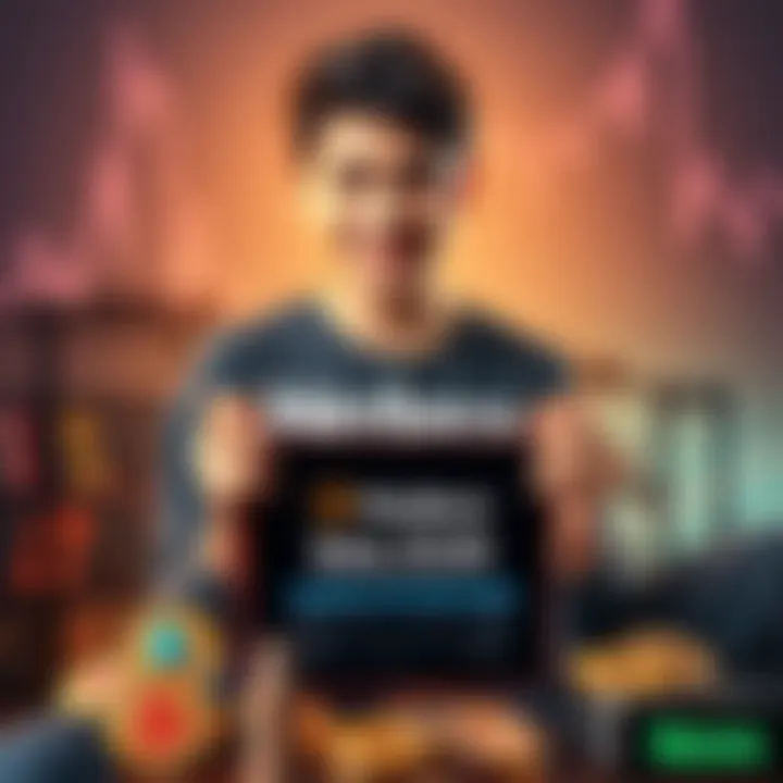 A 21-year-old investor smiling while holding a digital tablet showing Hedera's logo and accumulated amount, surrounded by crypto-related items.