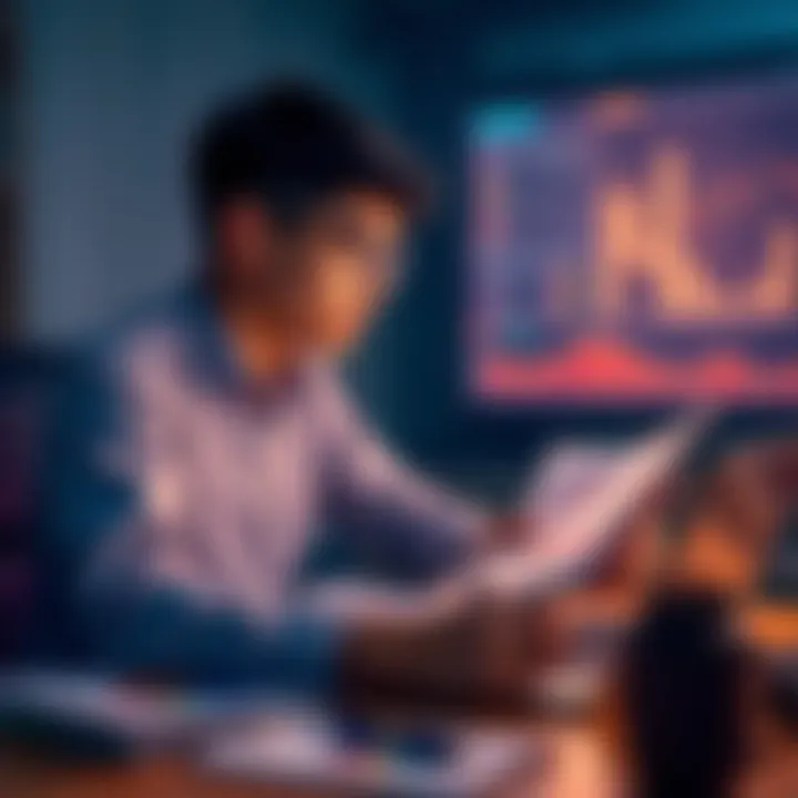 A young investor analyzing financial charts and planning investments at a desk with a laptop and documents.