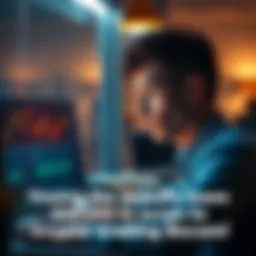 A young man looking at his computer with a worried expression, showing a cryptocurrency trading platform, with visuals of digital currency icons