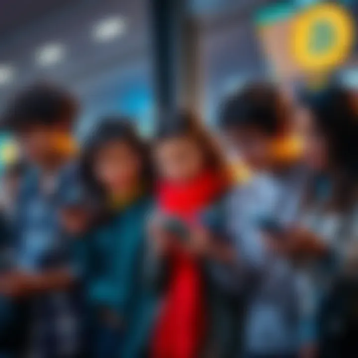 Group of young adults using smartphones to trade and discuss cryptocurrency