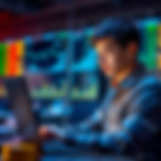 A young adult looking at cryptocurrency charts on a laptop, showing interest in digital investments during financial struggles.