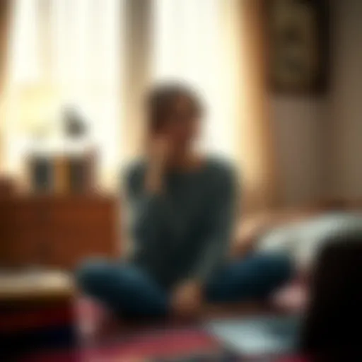 A young woman sitting alone in her room, looking pensive as she considers dropping out of university, with books and a laptop around her.
