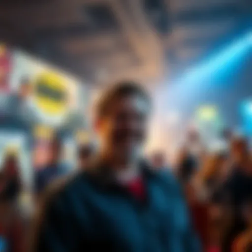 Zack Snyder speaking at a DC Universe event, surrounded by movie posters and fans showing excitement