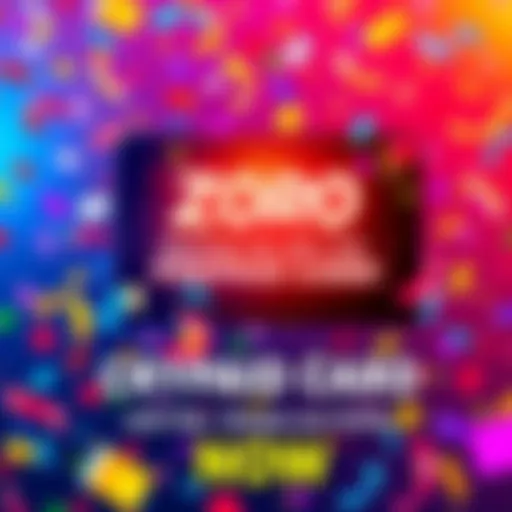 A colorful graphic showcasing a cryptocurrency prepaid card with a text overlay announcing zero fees for opening, top-ups, and spending. The card is surrounded by festive confetti to highlight the promotional celebration.